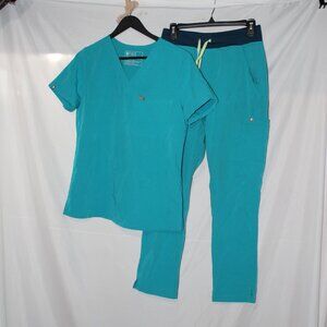 Figs Womens Teal Catarina 1 Pocket Scrub Top and Yola Skinny Scrub Pants